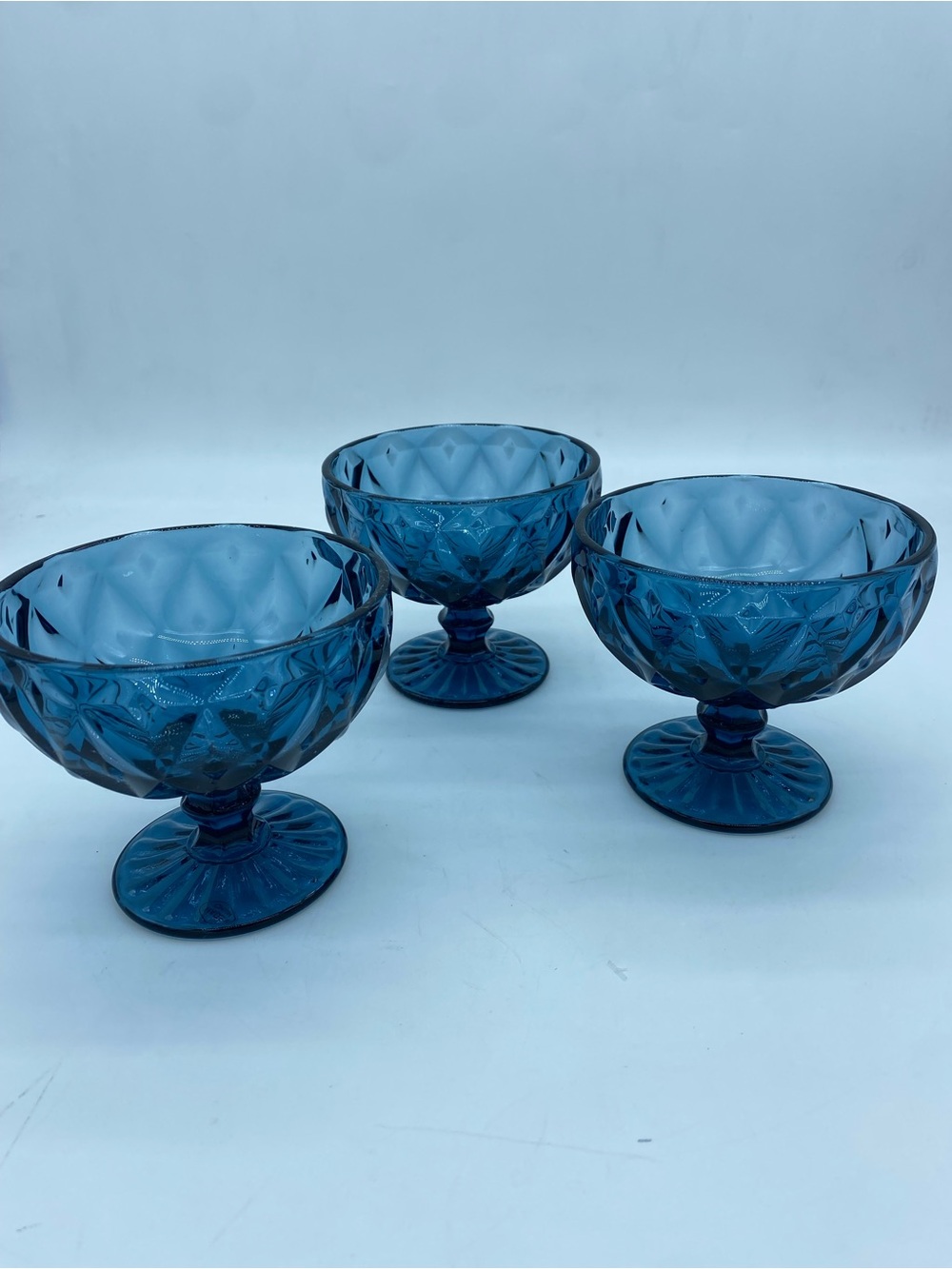 3 Pc Vintage Blue Glass Dessert Compote